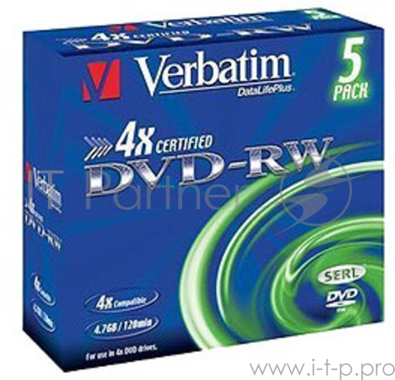 Диск 43285 Диски DVD-RW Verbatim 4-x, 4.7 Gb (Jewel Case, 5шт.)