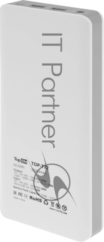 Универсальный внешний аккумулятор TopON TOP-T72/W для смартфонов, планшетов, цифровой техники, ноутбуков на 18000mAh (66,6 Wh)