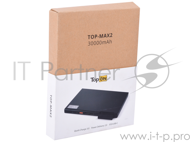 Внешний аккумулятор TopON TOP-MAX2 30000мАч, QC3.0, Экран, . В комплекте Type-C - Type-C, Type-C - USB A, MicroUSB - USB A, Цвет черный