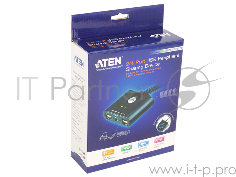 Переключатель ATEN US224-(AT) Переключатель, электрон., USB, 2 User 2 устройства + клавиатура + мышь, 2 USB A-тип 4 USB A-тип, Male Female, со встроен. шнурами 2х1.2м., (USB 2.0)