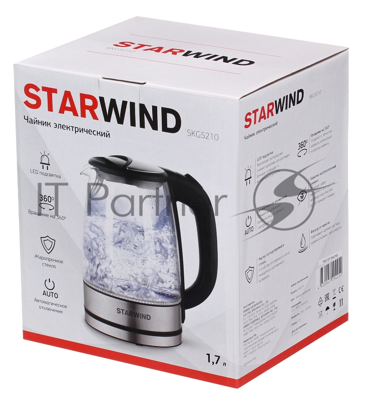 Чайник электрический Starwind SKG5210 1.7л. 2200Вт черный/серебристый (корпус: стекло)