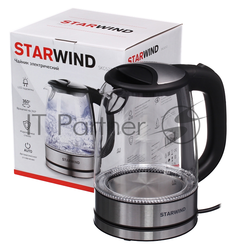 Чайник электрический Starwind SKG5210 1.7л. 2200Вт черный/серебристый (корпус: стекло)