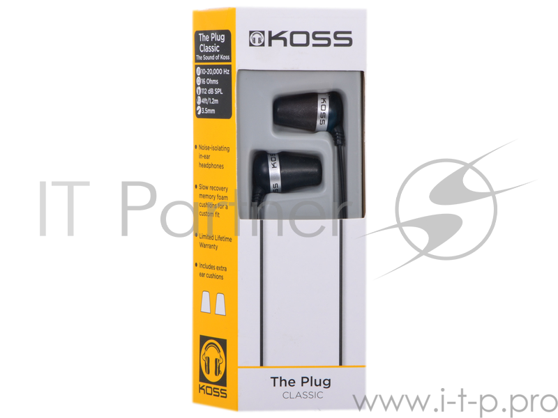 Наушники KOSS The PLUG Black {вставные , частотный диапазон 10-20000Гц,импеданс 16,чувствительность 112 дБ, позол, миниразъем, шнур 1.6м, чехол}
