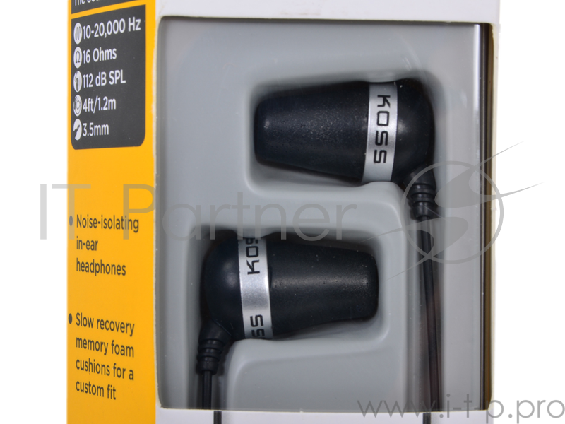 Наушники KOSS The PLUG Black {вставные , частотный диапазон 10-20000Гц,импеданс 16,чувствительность 112 дБ, позол, миниразъем, шнур 1.6м, чехол}