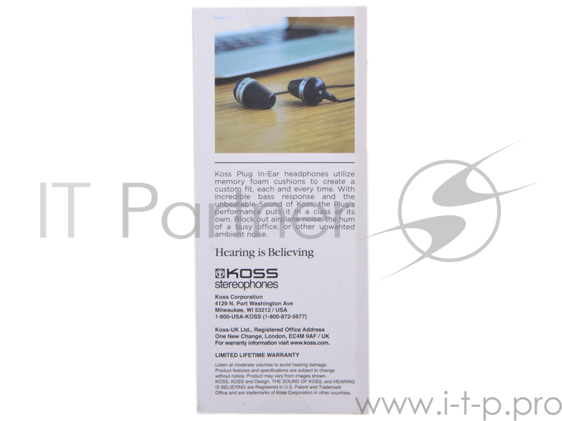 Наушники KOSS The PLUG Black {вставные , частотный диапазон 10-20000Гц,импеданс 16,чувствительность 112 дБ, позол, миниразъем, шнур 1.6м, чехол}