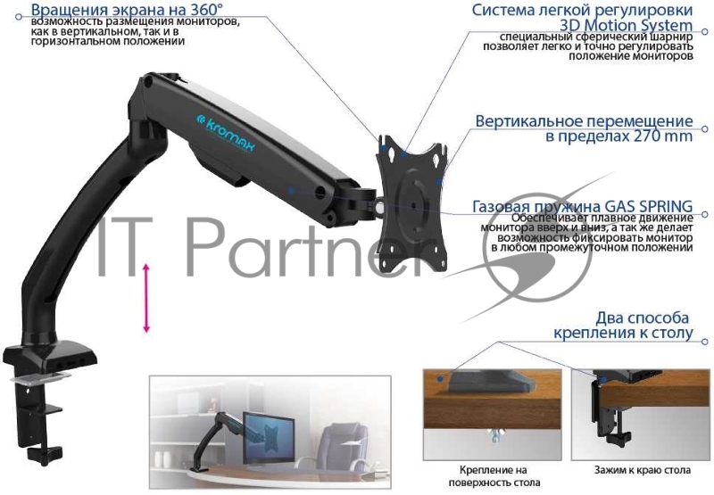 Кронштейн для мониторов Kromax OFFICE-8 black, для LCD/LED мониторов 15-32, нагрузка 2-8 кг, настольный, 6 ст свободы, VESA 100x100 мм