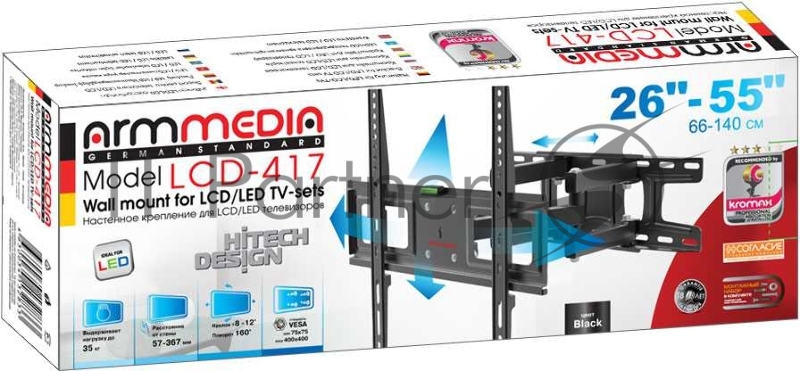 Кронштейн для телевизора Arm Media LCD-417 черный 26-55 макс.35кг настенный поворотно-выдвижной и наклонный