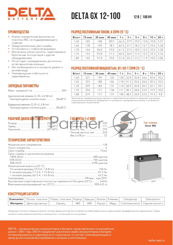 Батарея Delta GX 12-100 (12V, 100Ah)