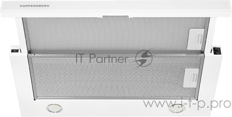 Встраиваемая вытяжка Kuppersberg SLIMLUX IV 60 GW, ширина 60 см, отвод/рециркуляция, 550 м3/час, механическое управление, 3 скорости, светодиодное освещение 2х4 Вт, металлические жироулавливающие фильтры, угольный фильтр(опция), цвет белый/панель сте