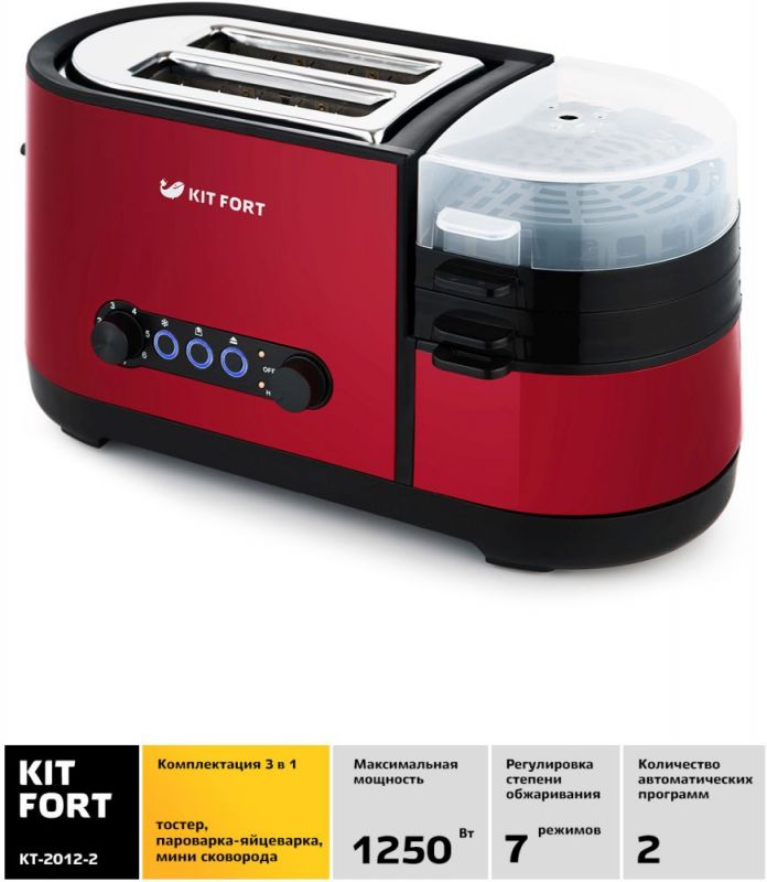 2012-2-KT Тостер «3 в 1» Kitfort .Мощность: 1000-1300 Вт.Ёмкость: 2 тоста одновременно.Красный