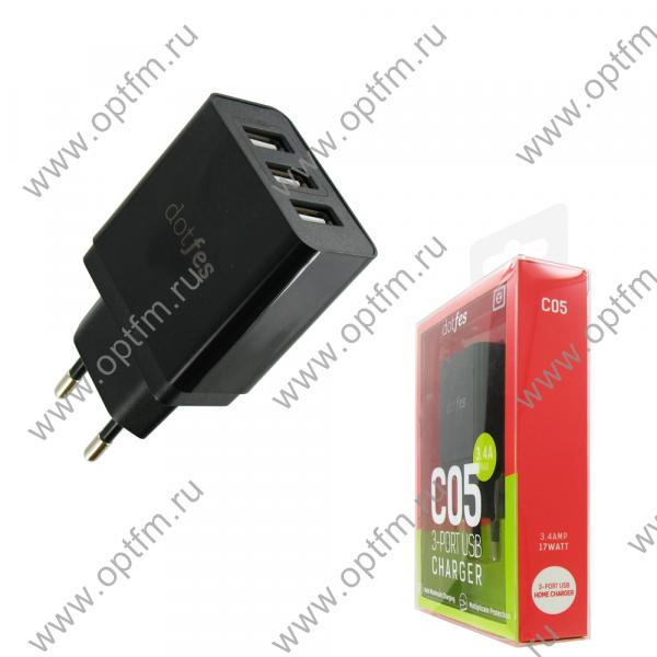 СЗУ-USB 3 выхода (2 выхода с поддержкой Auto Max) max 3,4A DOTFES C05 черный