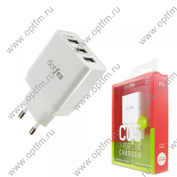 СЗУ-USB 3 выхода (2 выхода с поддержкой Auto Max) max 3,4A DOTFES C05 белый