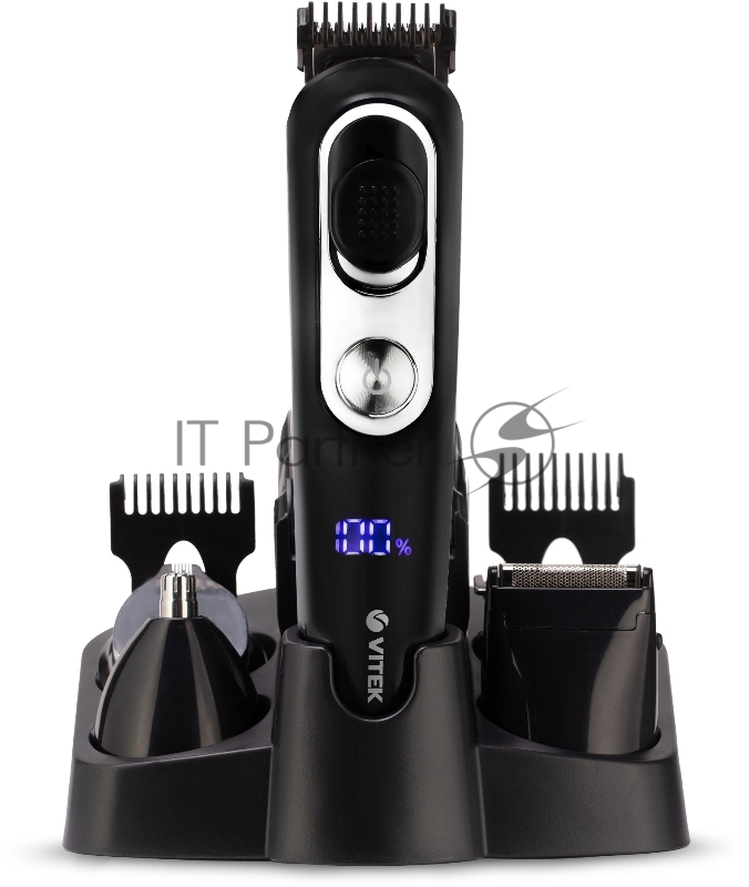 Триммер VITEK VT-2549 BK Питание сеть/аккумулятор. Встроенная аккумуляторная батарея Li-ion 700 mAh 3,7V. Время зарядки 90мин. Время автономной работы 45мин. Влажная очистка. Детальный триммер. Индикатор зарядки. ЖК дисплей с индикацией процента заря