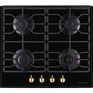 Газовая варочная поверхность Kuppersberg FQ 601 B, закаленное стекло, ширина 60 см, 4 газовые конфорки, автоподжиг, газ-контроль, чугунные решетки, цвет чёрный /поворотные переключатели цвета бронзы