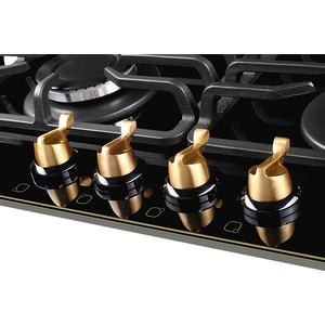 Газовая варочная поверхность Kuppersberg FQ 601 B, закаленное стекло, ширина 60 см, 4 газовые конфорки, автоподжиг, газ-контроль, чугунные решетки, цвет чёрный /поворотные переключатели цвета бронзы
