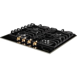 Газовая варочная поверхность Kuppersberg FQ 601 B, закаленное стекло, ширина 60 см, 4 газовые конфорки, автоподжиг, газ-контроль, чугунные решетки, цвет чёрный /поворотные переключатели цвета бронзы
