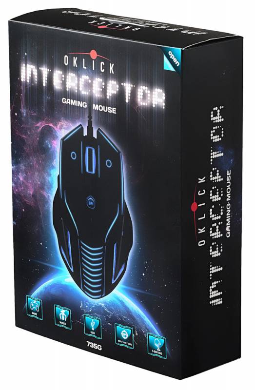 Мышь Oklick 735G INTERCEPTOR черный/голубой оптическая (2400dpi) USB игровая (6but)