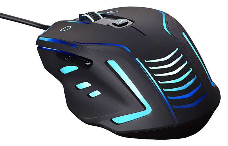 Мышь Oklick 735G INTERCEPTOR черный/голубой оптическая (2400dpi) USB игровая (6but)