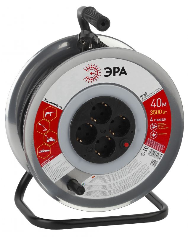 Удлинитель силовой Эра RM-4-3x1-40m (Б0035318) 3x1.0кв.мм 4розет. 40м ПВС 16A метал.катушка черный
