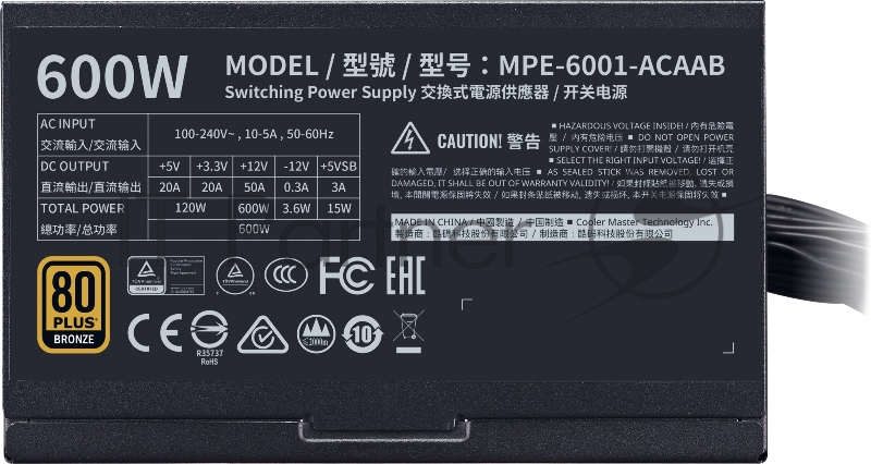 Блок питания 600 Ватт Power Supply Cooler Master MWE Bronze, 600W, ATX, 120mm, 6xSATA, 2xPCI-E(6+2), APFC, 80+ Bronze