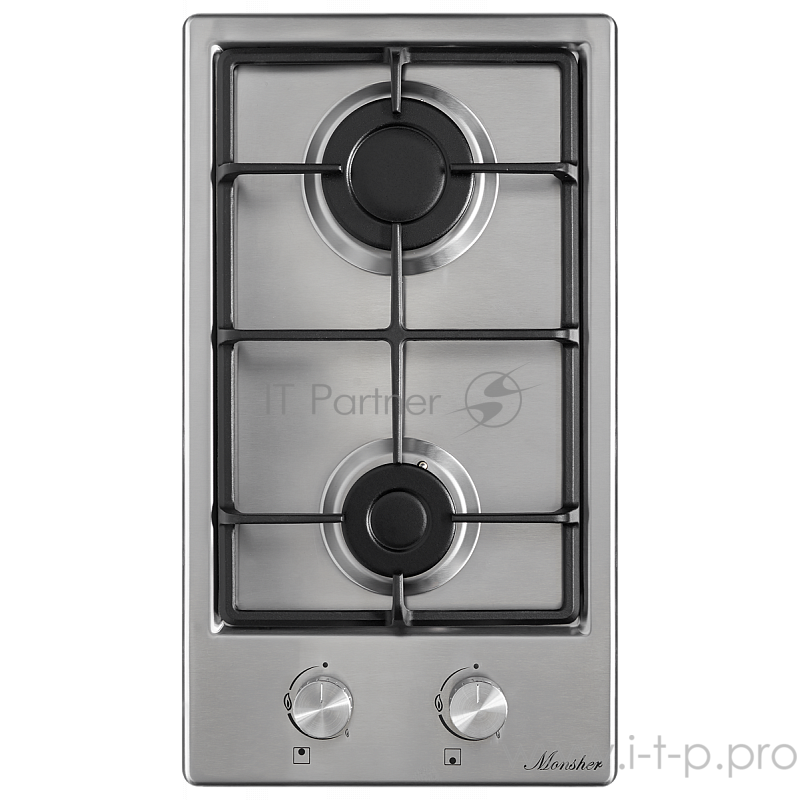 Домино MONSHER Домино, Газовая варочная поверхность металл, домино, ширина 30 см, 2 газовые конфорки, 1 конфорка повышенной мощности, автоподжиг, газ-контроль, чугунные решетки, цвет нержавеющая сталь