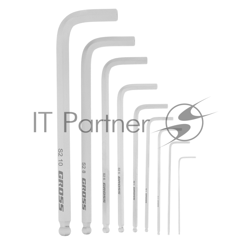 GROSS Набор ключей имбусовых HEX, 1,5–10 мм, S2, 9 шт., удлиненные с шаром, сатинированные// Gross 16403