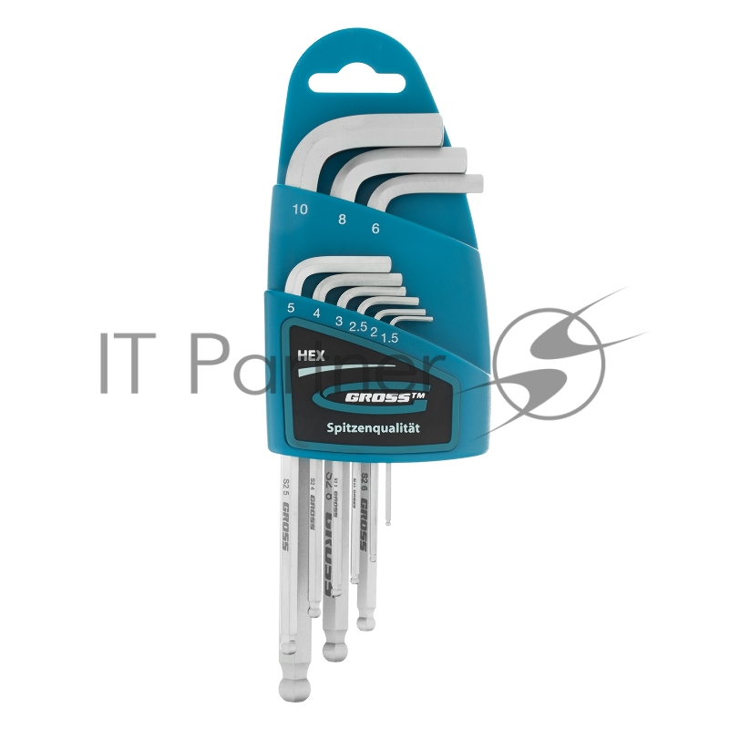 GROSS Набор ключей имбусовых HEX, 1,5–10 мм, S2, 9 шт., удлиненные с шаром, сатинированные// Gross 16403