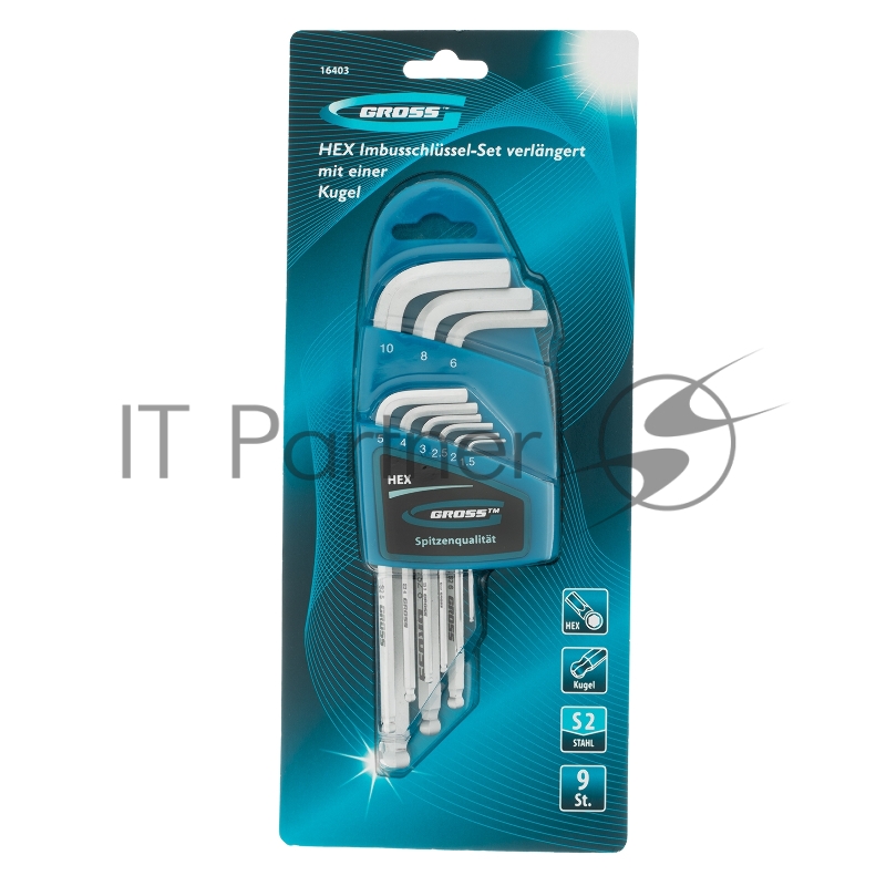 GROSS Набор ключей имбусовых HEX, 1,5–10 мм, S2, 9 шт., удлиненные с шаром, сатинированные// Gross 16403
