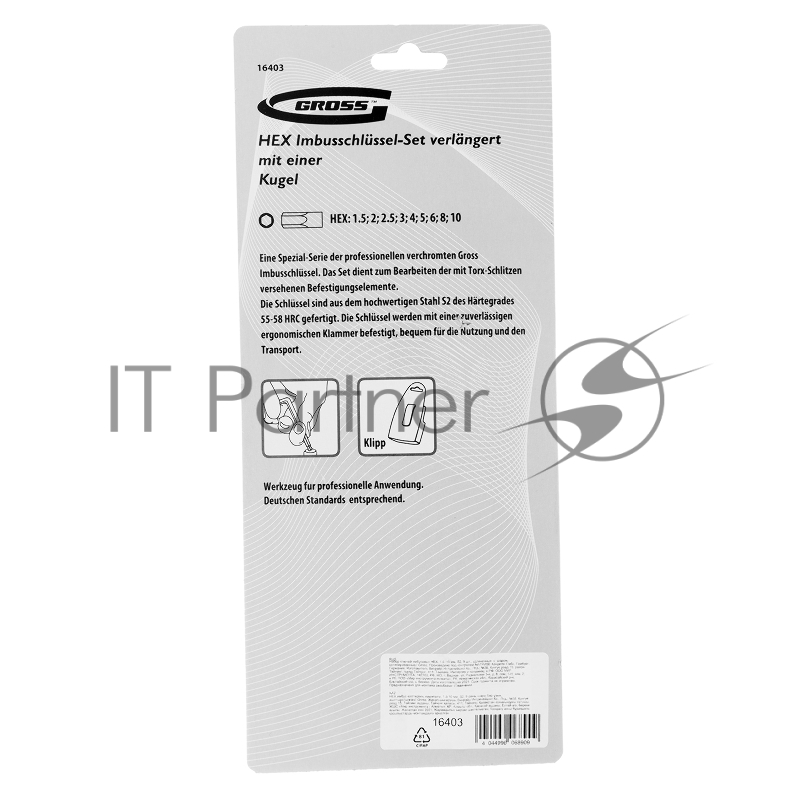 GROSS Набор ключей имбусовых HEX, 1,5–10 мм, S2, 9 шт., удлиненные с шаром, сатинированные// Gross 16403