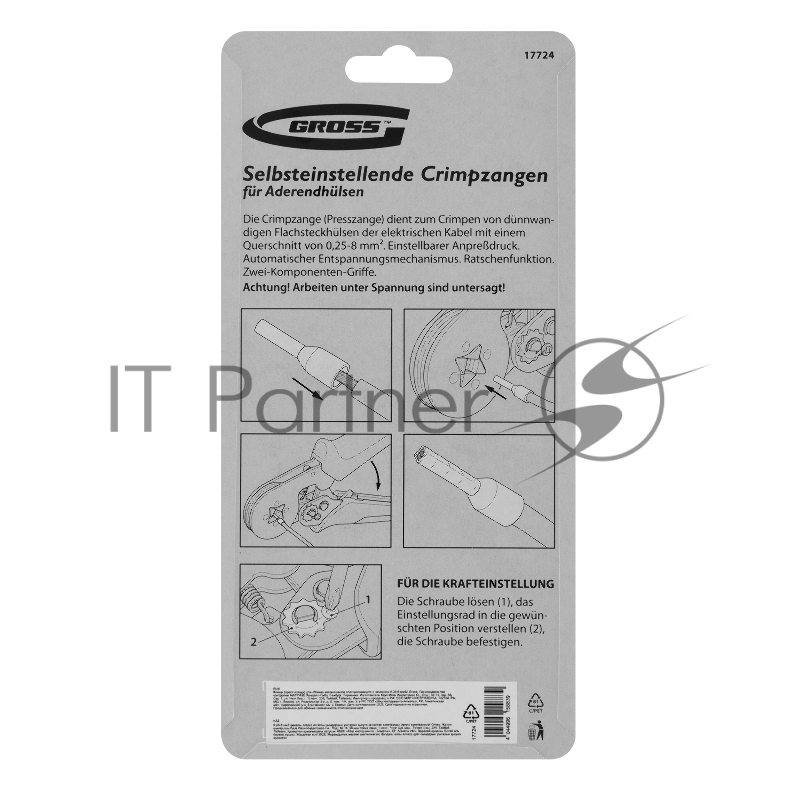 GROSS Клещи для обжима наконечников электропроводов с сечением 0,25-8 мм2 17724