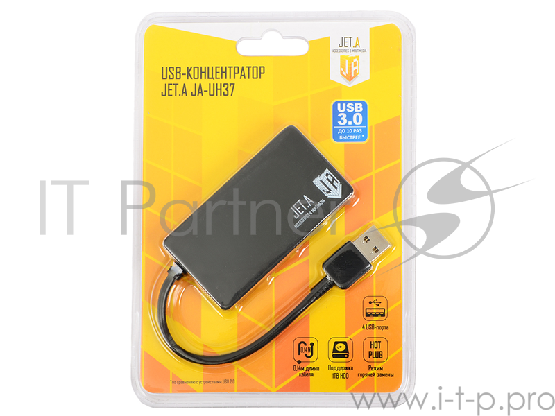 USB-концентратор Jet.A JA-UH37 на 4 порта USB 3.0, Hot Plug, ультракомпактный, чёрный