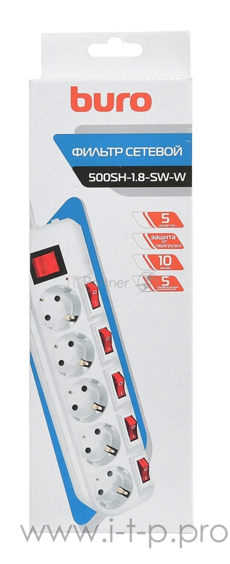 Сетевой фильтр Buro 500SH-1.8-SW-W 1.8м (5 розеток) белый (коробка)