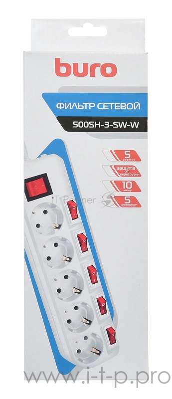Сетевой фильтр Buro 500SH-3-SW-W 3м (5 розеток) белый (коробка)