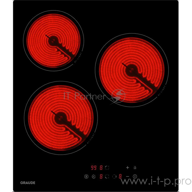 Встраиваемые электрические панели Graude Встраиваемые электрические панели Graude/ 45 см, Электрическая, стеклокерамика, 5.1 х 45 х 52 см, 9 ступеней нагрева, Функция таймера, Индикация нагрева, Индикация красного цвета, Автоматическое отключение,