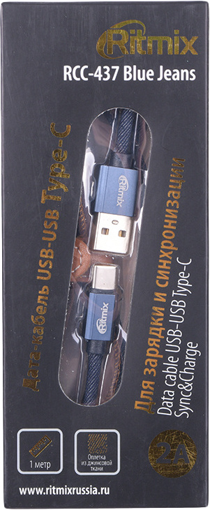 Кабель USB Type-C-USB RITMIX RCC-437 Blue Jeans,1м, 2А, оплетка из джинсовой ткани