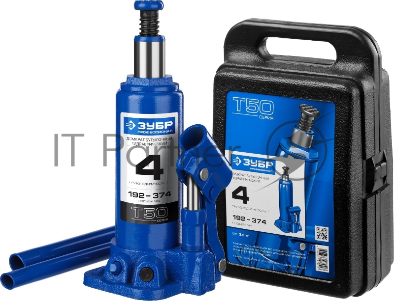Домкрат ЗУБР 43060-4-K_z01 гидравлический бутылочный t50 4т 192-374мм в кейсе профессионал