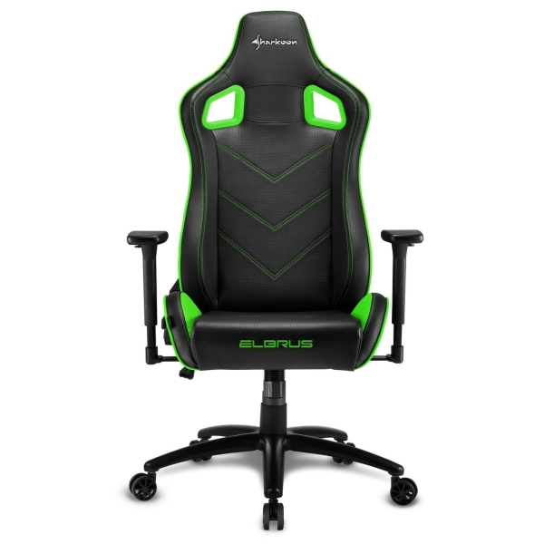 Игровое кресло Sharkoon Elbrus 2 чёрно-зелёное (синтетическая кожа, регулируемый угол наклона, механизм качания)