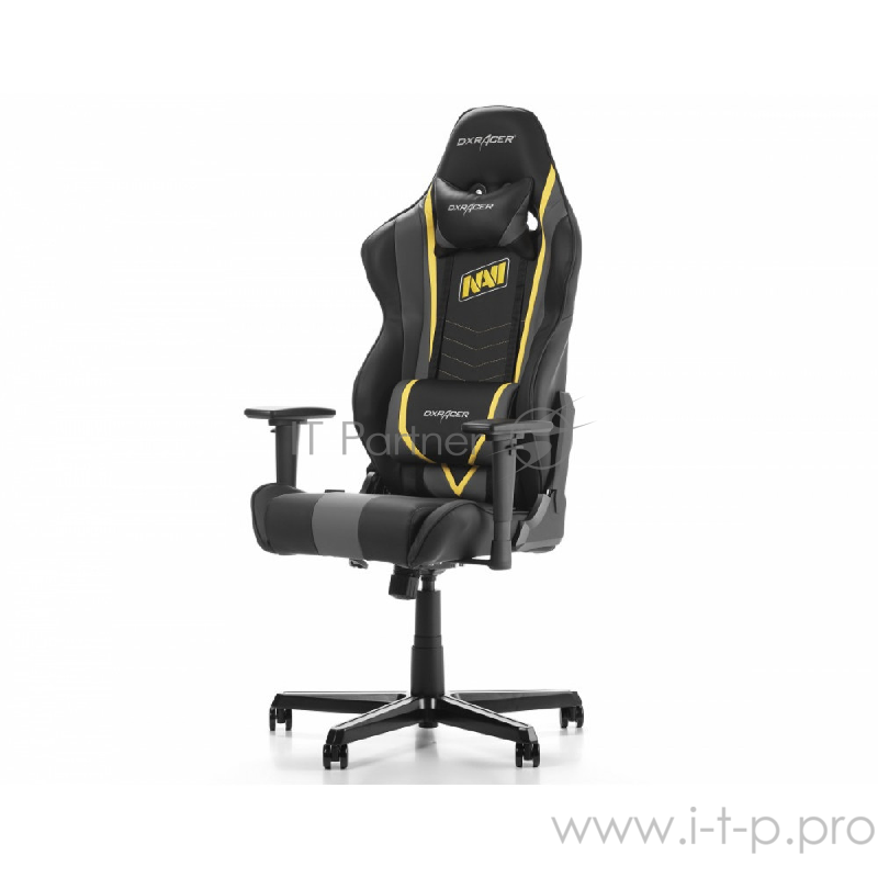 DXRacer Racing Natus Vincere Игровое кресло чёрно-серо-жёлтое (OH/RZ60/NGY, экокожа, регулируемый угол наклона, механизм качания)