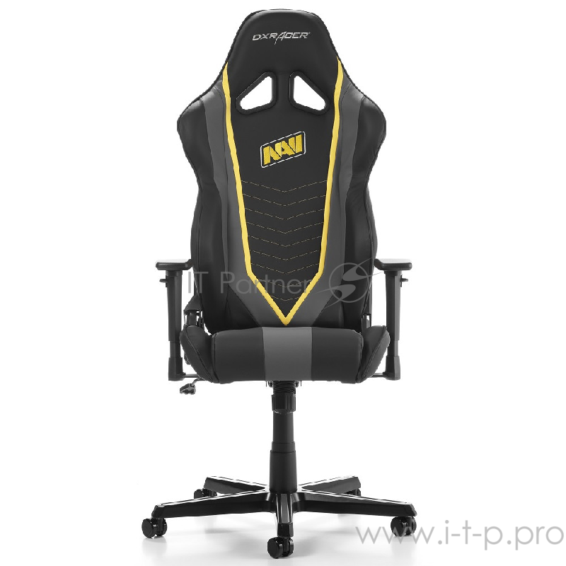 DXRacer Racing Natus Vincere Игровое кресло чёрно-серо-жёлтое (OH/RZ60/NGY, экокожа, регулируемый угол наклона, механизм качания)