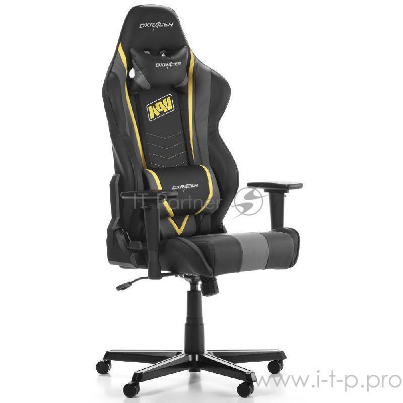 DXRacer Racing Natus Vincere Игровое кресло чёрно-серо-жёлтое (OH/RZ60/NGY, экокожа, регулируемый угол наклона, механизм качания)