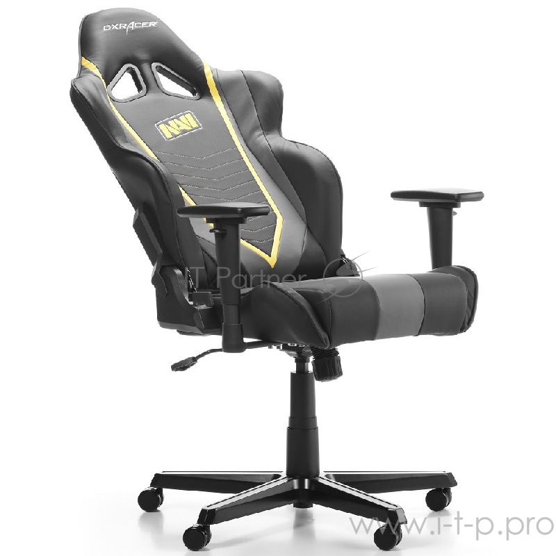 DXRacer Racing Natus Vincere Игровое кресло чёрно-серо-жёлтое (OH/RZ60/NGY, экокожа, регулируемый угол наклона, механизм качания)