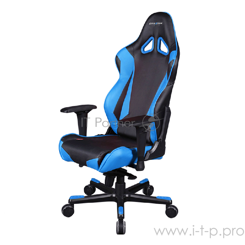 DXRacer Racing Игровое кресло чёрно-синее (OH/RJ001/NB, экокожа, регулируемый угол наклона, механизм качания)