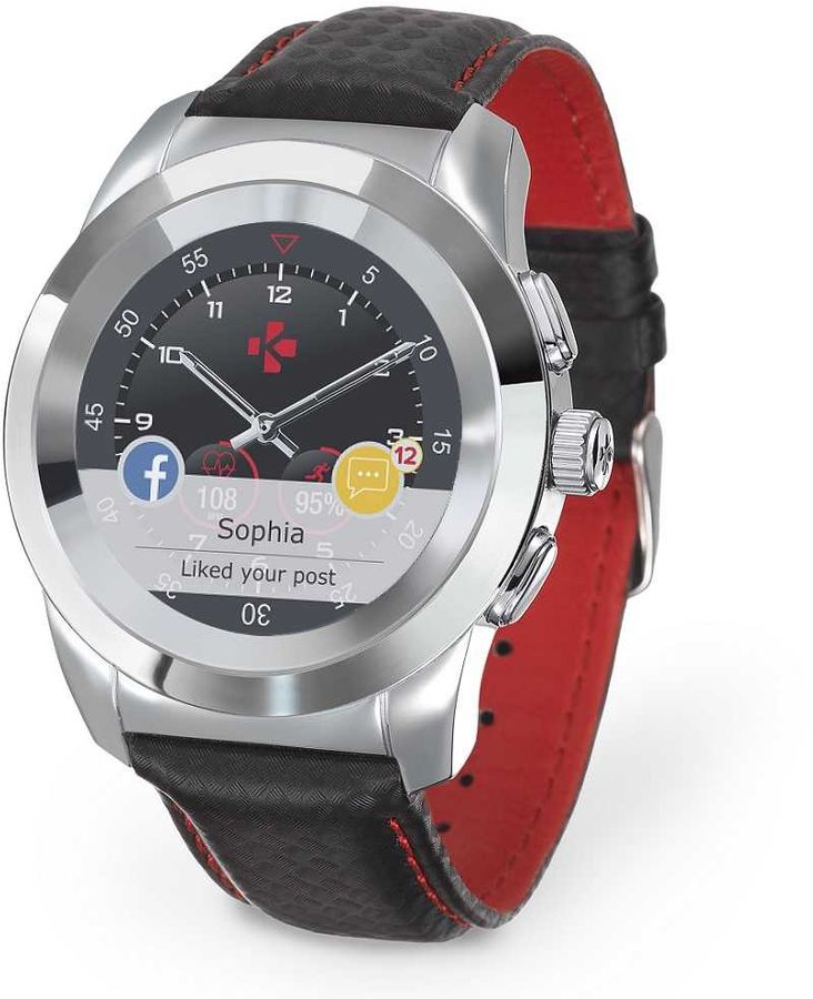 Гибридные смарт-часы MyKronoz ZeTime Premium Regular серебро, ремешок черный карбон с красной прострочкой