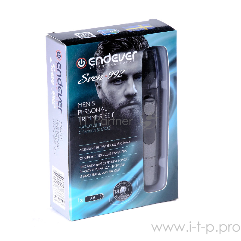 Триммер Endever Sven 992, для носа и ушей, набор насадок, 1 батарейка AA - 1,5 Вт (в комплект не входит)