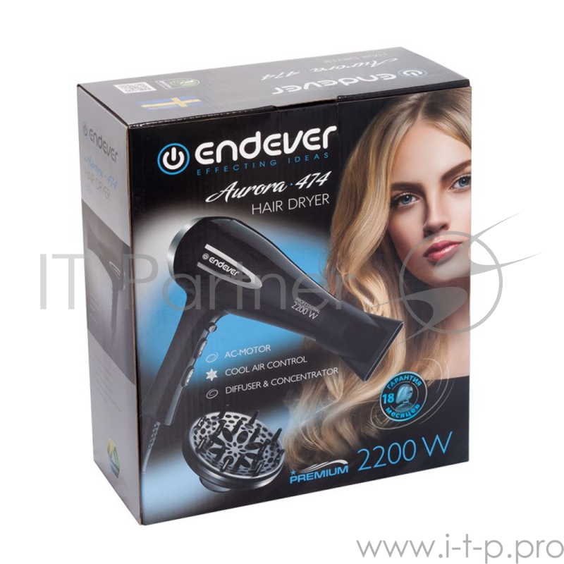 474-Aurora Фен Endever Мощность 2200 Вт, 2 режима мощности, 3 режима температуры