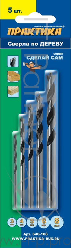 Набор сверл ПРАКТИКА 640-186 дерево, 5шт.: 3,4,5,6,8мм, блистер, Сделай сам