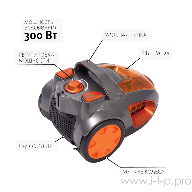 Пылесос ENDEVER SkyClean VC-620 циклонного типа 2000 Вт, мощность всасывания 300 Вт.