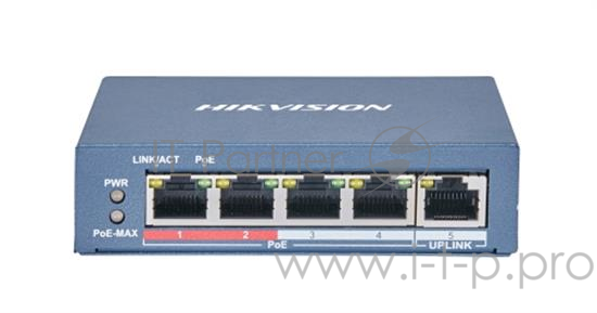 Коммутатор Hikvision DS-3E0105P-E/M(B) 4 RJ45 100M PoE с грозозащитой 6кВ 1 Uplink порт 100М Ethernet: бюджет PoE 35Вт поддерживают режим передачи до 250м таблица MAC адресов на 1000 записей