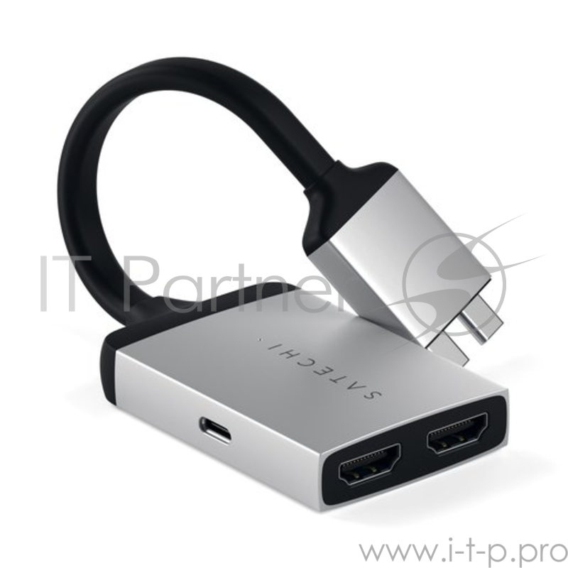 Адаптер Satechi Type-C Dual HDMI Adapter для MacBook с двумя портами USB-C (2019/2018 MacBook Pro, 2018 MacBook Air, 2018 Mac Mini). Порты 2 x HDMI 4K 60Hz, 1 x USB-C PD. Цвет серебряный.