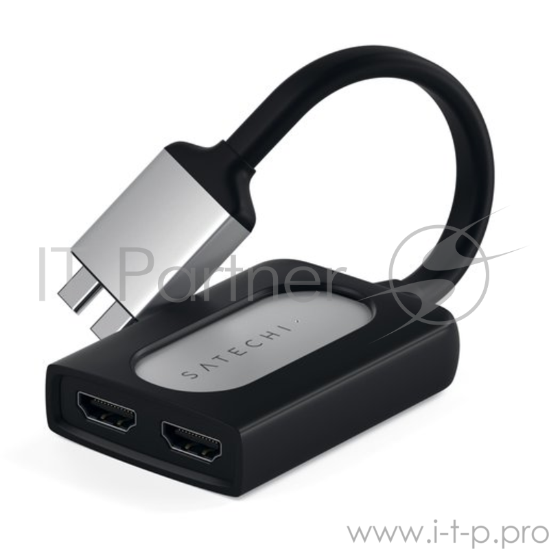 Адаптер Satechi Type-C Dual HDMI Adapter для MacBook с двумя портами USB-C (2019/2018 MacBook Pro, 2018 MacBook Air, 2018 Mac Mini). Порты 2 x HDMI 4K 60Hz, 1 x USB-C PD. Цвет серебряный.